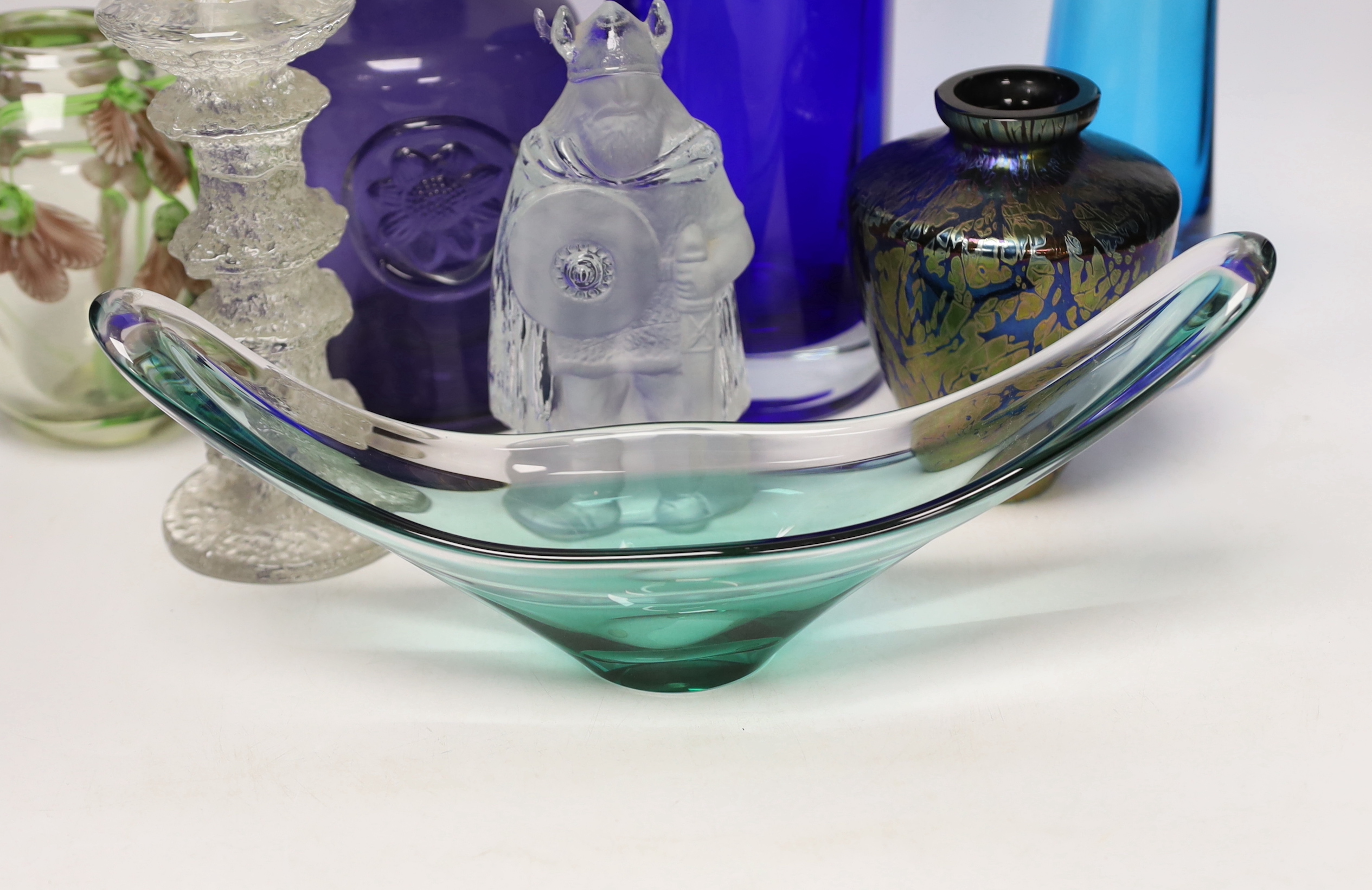Ten studio glass pieces, including five vases, a candlestick, a figure of a bird, etc.